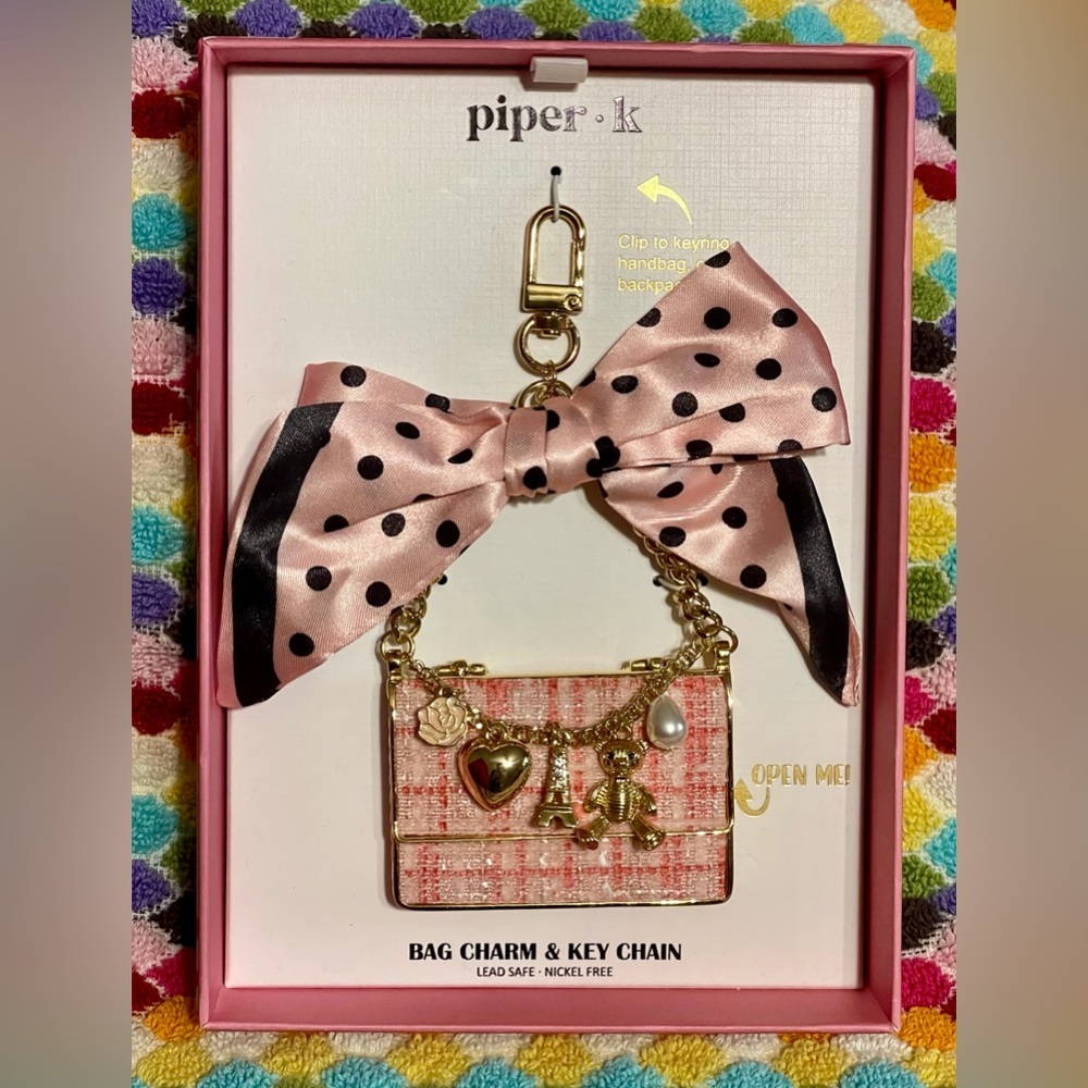 Piper K Parisian Pink Polka Dot Bow Mini Purse Viral Key Chain Bag Charm NIB